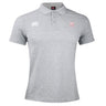 Light grey San Joaquin Memorial Waimak Polo by EMB Canterbury, short-sleeve with collar, white logo, and red "M Rugby" chest emblem. Combines comfort with sporty style—ideal for any rugby fan.