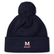 Stay warm in style with the San Joaquin Memorial Pom Pom Beanie by EMB Canterbury, featuring navy blue fleece lining, a top pom-pom, and an embroidered red and white "M Rugby" logo on the front cuff.
