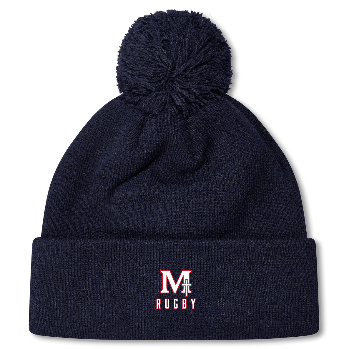Stay warm in style with the San Joaquin Memorial Pom Pom Beanie by EMB Canterbury, featuring navy blue fleece lining, a top pom-pom, and an embroidered red and white "M Rugby" logo on the front cuff.