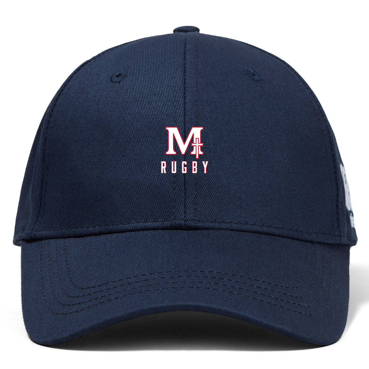 The San Joaquin Memorial Flexfit Drill Cap by EMB Canterbury is a navy blue cap with "M Rugby" embroidered in red and white on the front, featuring a classic curved brim design.