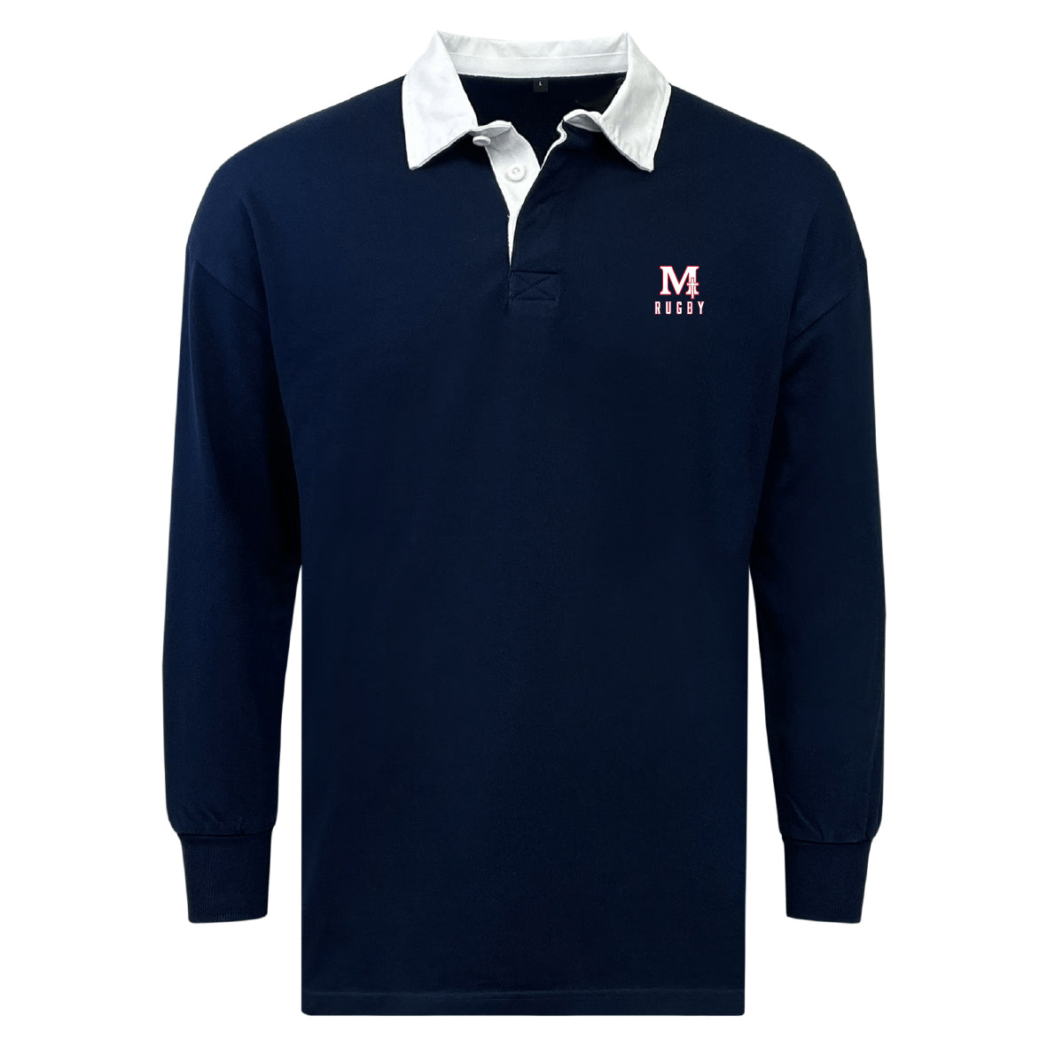 The EMB Mudoo San Joaquin Memorial Classic Long Sleeve Solid Rugby Jersey features a navy blue design with white collar and cuffs, an "M Rugby" logo on the chest, and is made from a comfortable cotton-poly blend for durability.