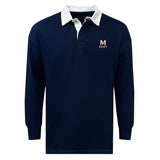 The EMB Mudoo San Joaquin Memorial Classic Long Sleeve Solid Rugby Jersey features a navy blue design with white collar and cuffs, an "M Rugby" logo on the chest, and is made from a comfortable cotton-poly blend for durability.