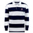 The EMB Mudoo San Joaquin Memorial Classic Long Sleeve Hooped Rugby Jersey features wide navy and white stripes, a white collar, and an embroidered "M Rugby" logo, blending traditional style with lasting comfort.