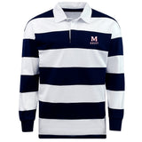 The EMB Mudoo San Joaquin Memorial Classic Long Sleeve Hooped Rugby Jersey features wide navy and white stripes, a white collar, and an embroidered "M Rugby" logo, blending traditional style with lasting comfort.