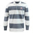 The EMB Mudoo San Joaquin Memorial Classic Long Sleeve Hooped Rugby Jersey features wide gray and white stripes, a crisp white collar, and "M4 RUGBY" logo—ideal for timeless custom rugby shirt style seekers.