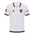 The Old Glory DC MLR 25/26 Replica Away Jersey by Macron features a subtle pattern, red and navy trim on the collar and sleeves, and team logos on the chest and left sleeve—a stylish away jersey from Macron.