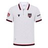 The Old Glory DC MLR 25/26 Replica Away Jersey by Macron features a subtle pattern, red and navy trim on the collar and sleeves, and team logos on the chest and left sleeve—a stylish away jersey from Macron.