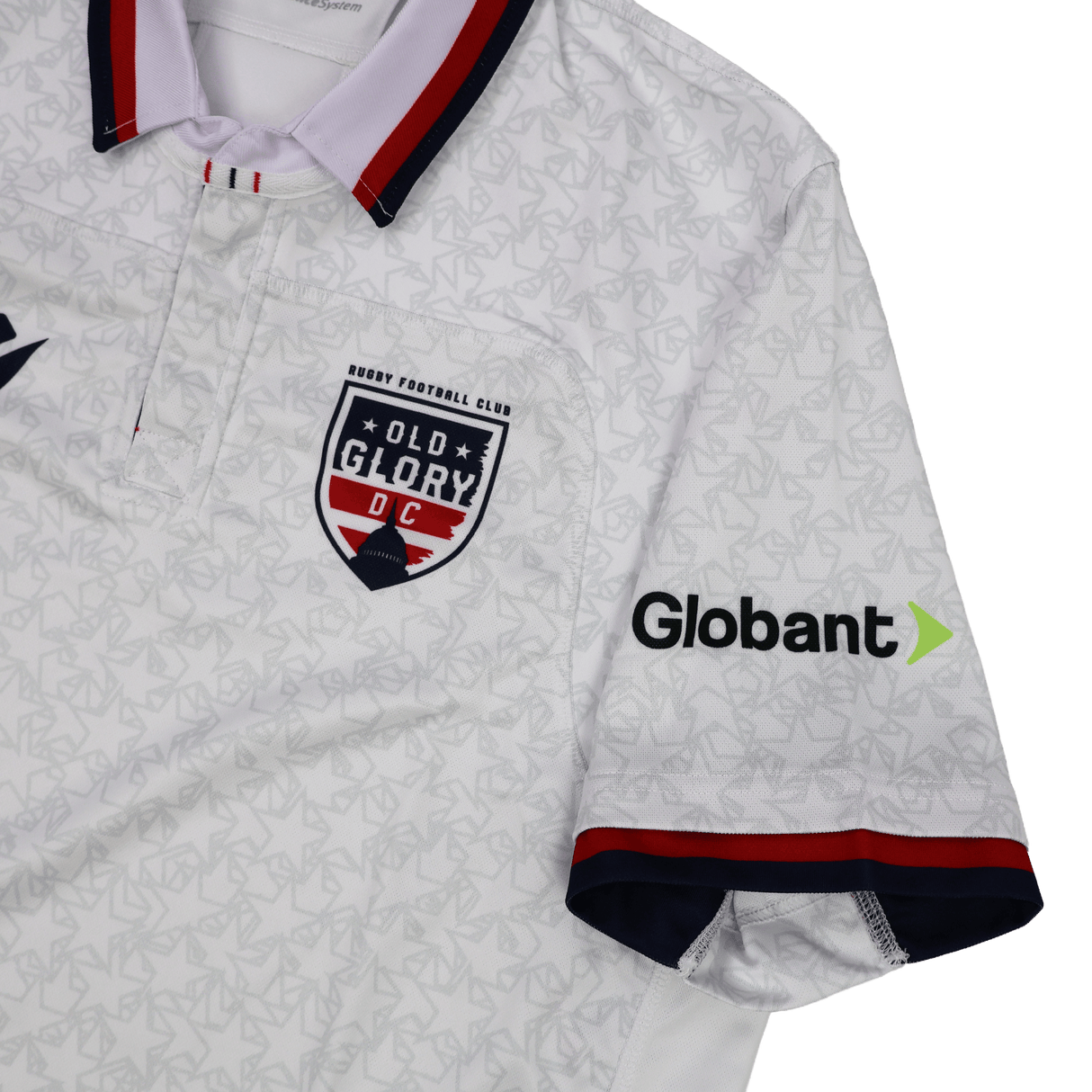 The Old Glory DC MLR 25/26 Replica Away Jersey by Macron features the team logo, red and blue trim, and the Globant sponsor logo on the sleeve—an official, stylish away jersey perfect for any Old Glory DC fan.