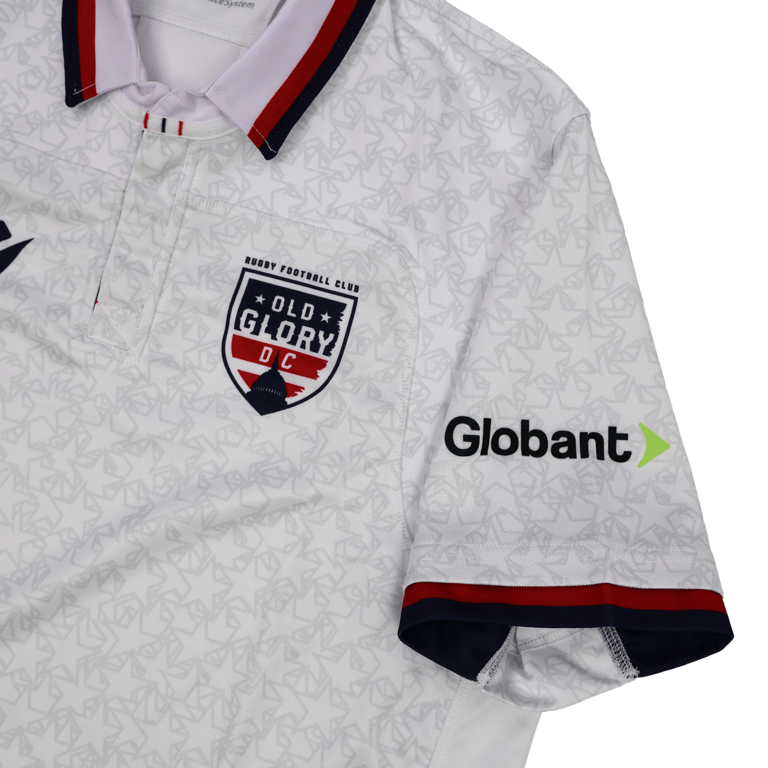 The Old Glory DC MLR 25/26 Replica Away Jersey by Macron features the team logo, red and blue trim, and the Globant sponsor logo on the sleeve—an official, stylish away jersey perfect for any Old Glory DC fan.