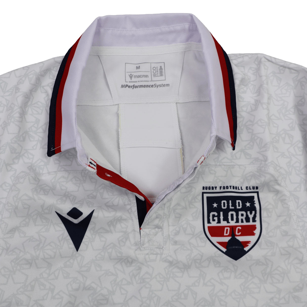 Show your team pride with the Old Glory DC MLR 25/26 Replica Away Jersey by Macron, featuring a patterned white design, team and Macron logos on the chest, and a stylish white, red, and navy collar—ideal for any fan.