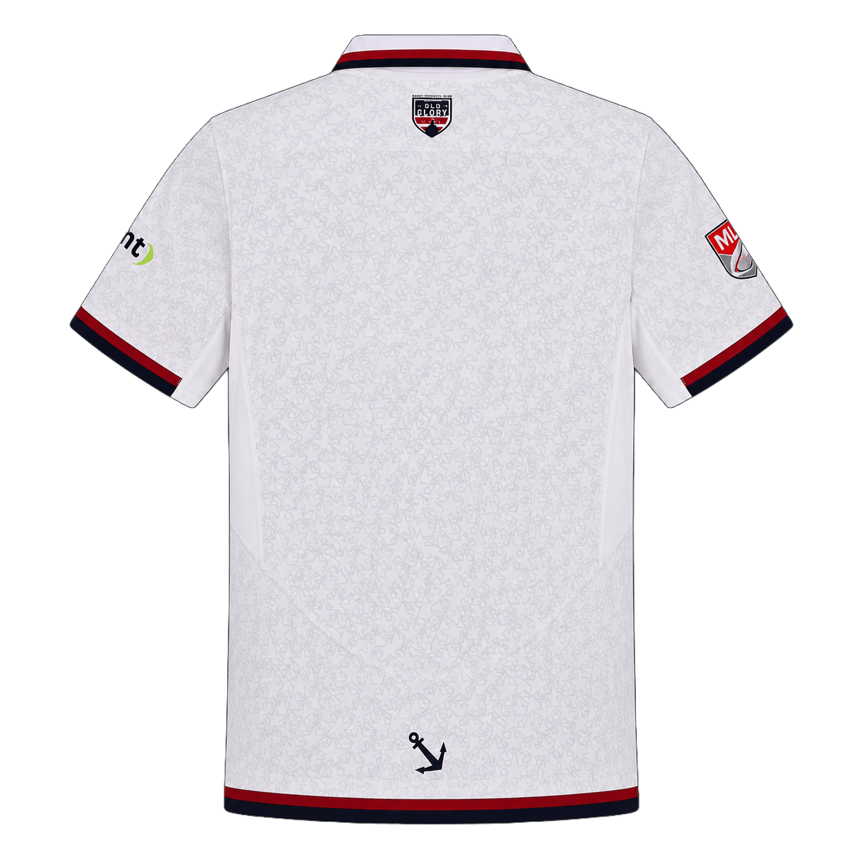 The back of the Old Glory DC MLR 25/26 Replica Away Jersey by Macron features subtle patterns, dark sleeve and hem trim, sponsor logos on both sleeves, and an anchor symbol near the lower hem.
