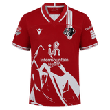 Utah Warriors MLR 25/26 Replica Away Jersey by Macron—features a white abstract mountain design, sponsor logos, and a stylized animal logo on the left chest; official Major League Rugby gear by Macron.