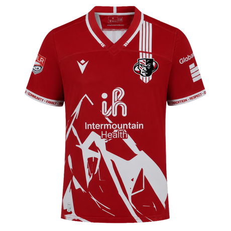 Utah Warriors MLR 25/26 Replica Away Jersey by Macron—features a white abstract mountain design, sponsor logos, and a stylized animal logo on the left chest; official Major League Rugby gear by Macron.