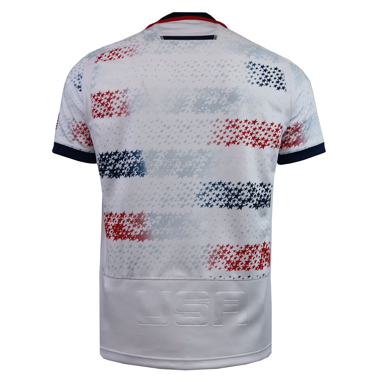The USA Rugby 25/26 Home Replica Jersey by Macron features white short sleeves, bold red and blue star patterns, and "USA" embossed on the lower back—a must-have for fans wanting an authentic Macron USA Rugby look.