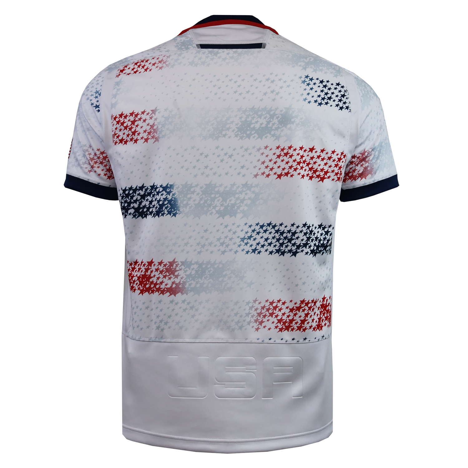 The USA Rugby 25/26 Home Replica Jersey by Macron features white short sleeves, bold red and blue star patterns, and "USA" embossed on the lower back—a must-have for fans wanting an authentic Macron USA Rugby look.