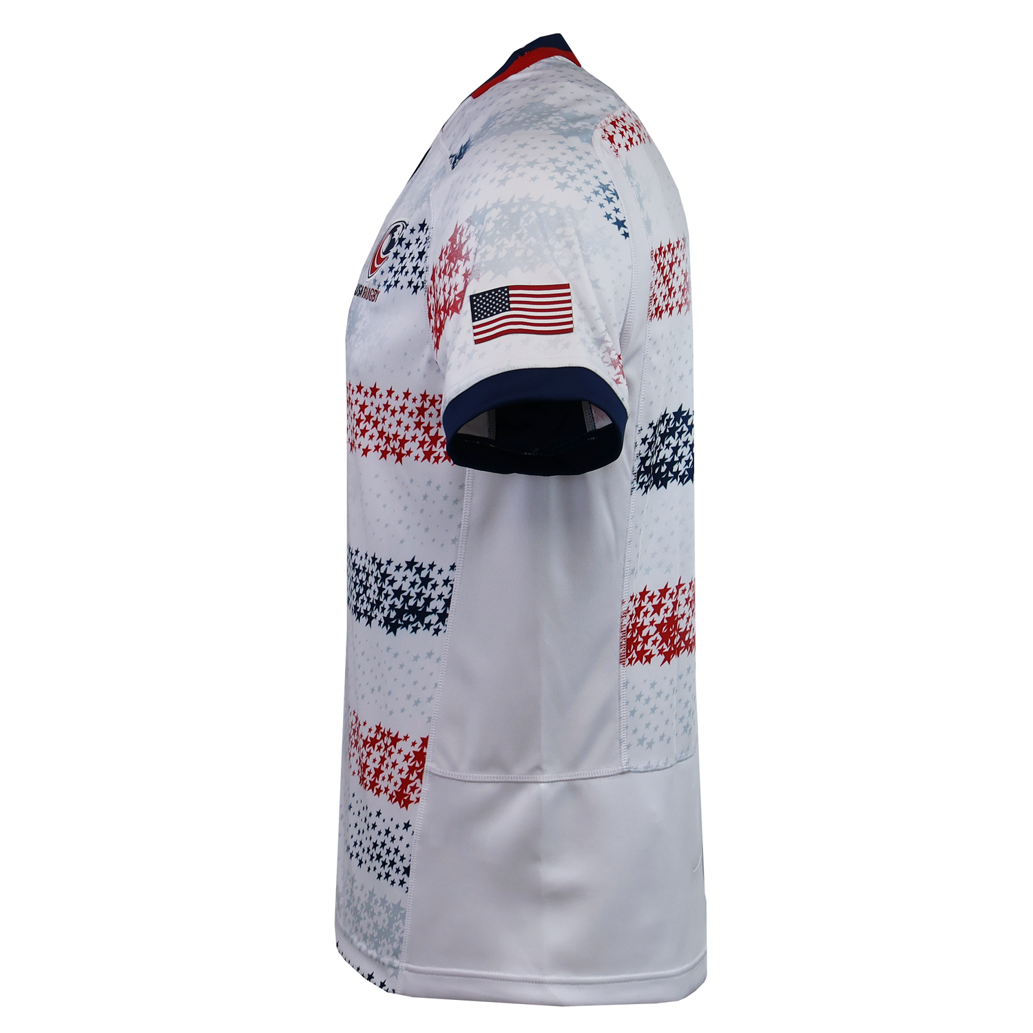 Side view of the USA Rugby 25/26 Home Replica Jersey by Macron, featuring blue and red patterned stripes and an American flag patch on the sleeve—a must-have for dedicated fans.