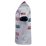 Side view of the USA Rugby 25/26 Home Replica Jersey by Macron, featuring blue and red patterned stripes and an American flag patch on the sleeve—a must-have for dedicated fans.