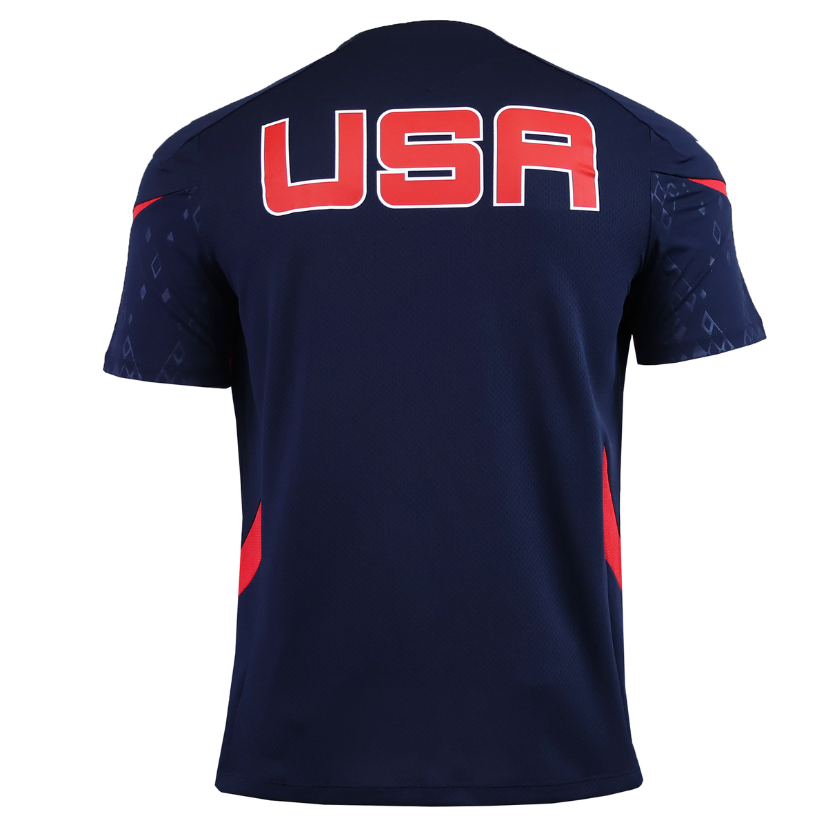 The USA Rugby 25/26 Training Poly Shirt by Macron is navy blue with "USA" in bold red and white on the back, red accents on the sides and sleeves, and made from breathable Poly Dry fabric.