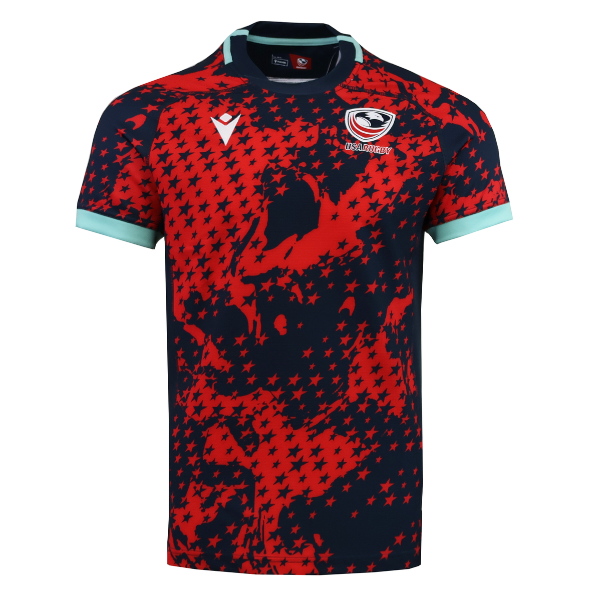 The USA Rugby 25/26 Training Rugby Jersey #1 by Macron features short sleeves, a red and navy star pattern, mint green trim on the sleeves and collar, and a white logo on the left chest.