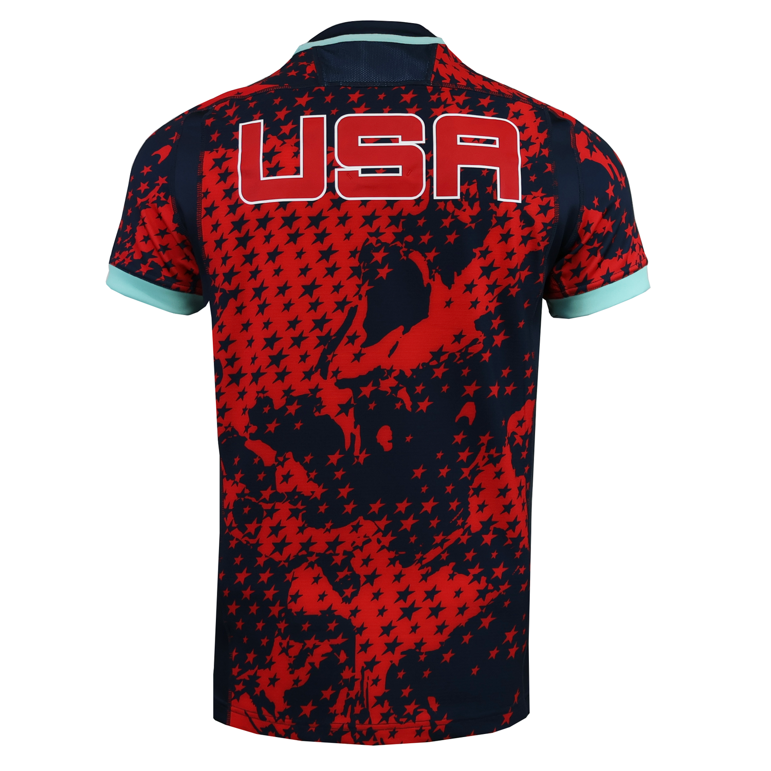 The USA Rugby 25/26 Training Rugby Jersey #1 by Macron features a navy blue and red design with stars and abstract shapes, "USA" on the back, and short sleeves—perfect for pro-level training.