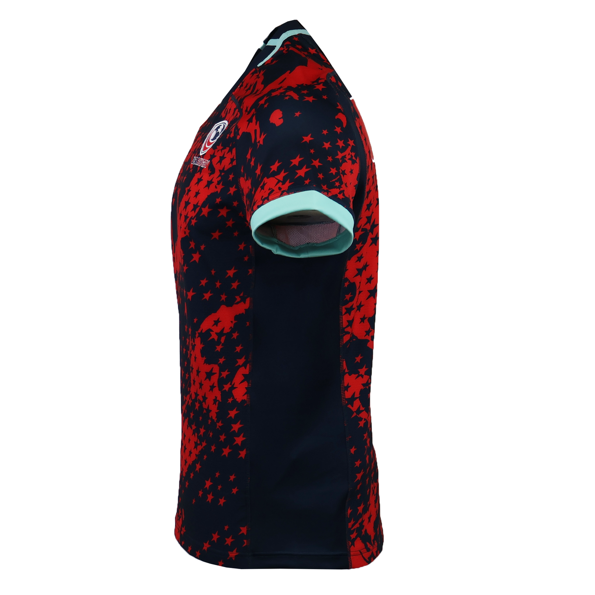 The Macron USA Rugby 25/26 Training Rugby Jersey #1 features short sleeves, a red and black star pattern, mint green collar and cuffs, shown in a side view.