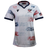 Women's USA Rugby 25/26 Home Replica Jersey by Macron features a navy collar and cuffs, blue and red star patterns, USA Rugby chest logo, and an American flag sleeve patch. Perfect for fans seeking authentic USAR style.