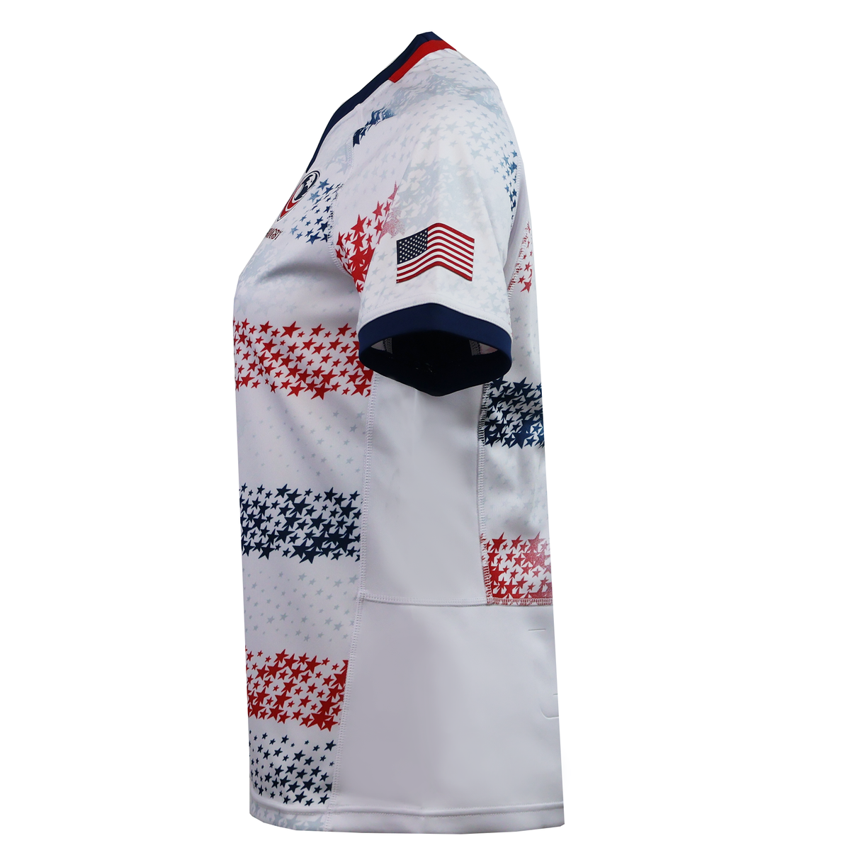 Side view of the Women's USA Rugby 25/26 Home Replica Jersey by Macron, featuring red and blue star patterns and an American flag patch on the sleeve.
