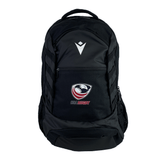 The USA Rugby 25 Athletes Backpack by Macron features a black design with a white chevron emblem on the upper front pocket, ergonomic back straps for comfort, and is shown against a white background.