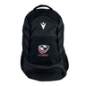 The USA Rugby 25 Athletes Backpack by Macron features a black design with a white chevron emblem on the upper front pocket, ergonomic back straps for comfort, and is shown against a white background.
