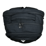 The USA Rugby 25 Athletes Backpack by Macron, featuring multiple zippered compartments and ergonomic back straps, is shown in black against a white background.