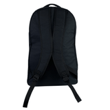 The USA Rugby 25 Athletes Backpack by Macron in black is shown from the back, featuring ergonomic back straps, two adjustable shoulder straps, and a top handle.