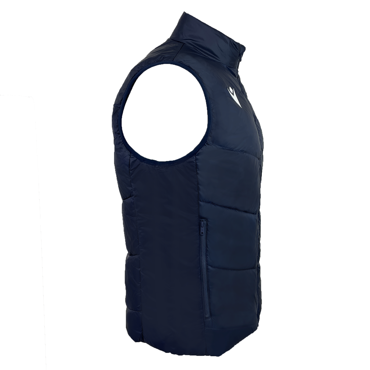 The USA Rugby 25/26 Padded Gilet by Macron is shown from the side in navy blue, sleeveless with front zipper, zippered side pocket, water-resistant fabric, and a small white USA Rugby logo on the chest.