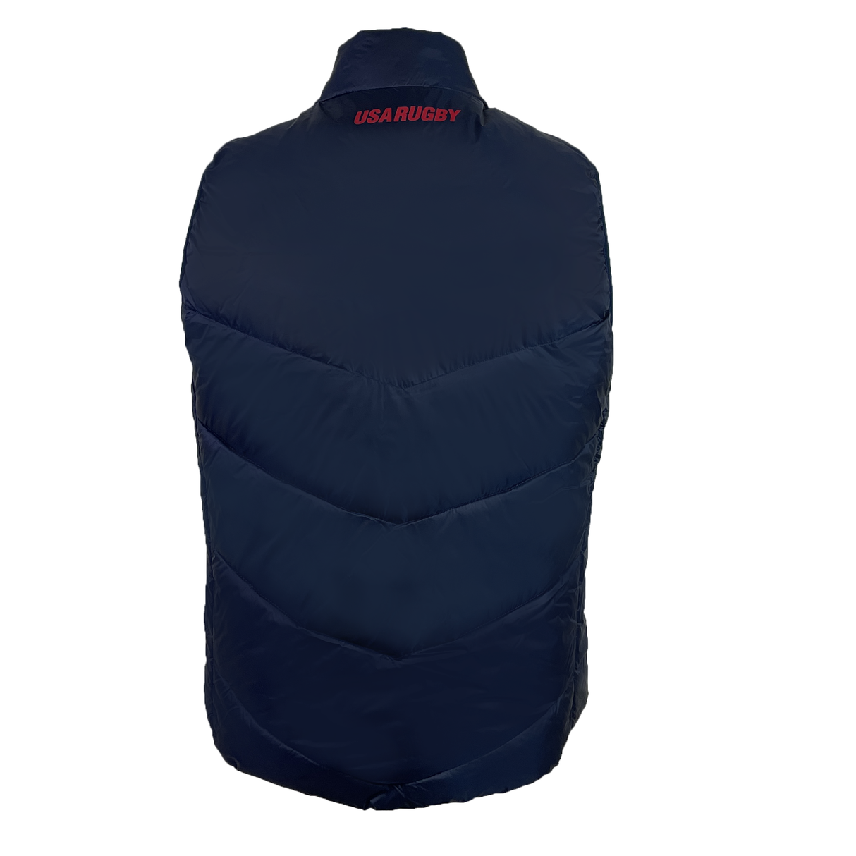 The USA Rugby 25/26 Padded Gilet by Macron is a navy blue, water-resistant gilet featuring "USA Rugby" printed in red near the collar on the back.