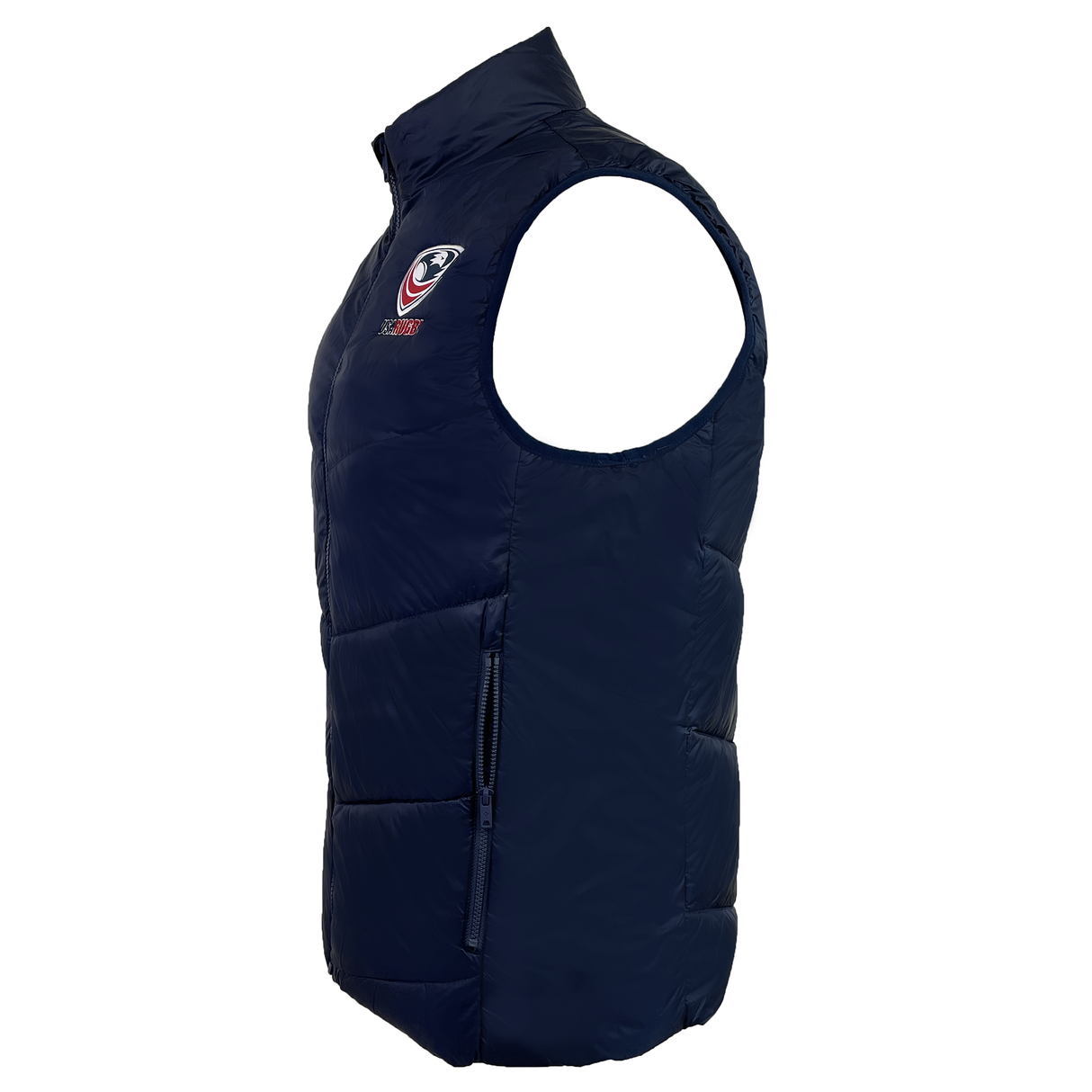 The USA Rugby 25/26 Padded Gilet by Macron features a navy blue, water-resistant design with a high collar, front zipper, side pockets, and a circular embroidered USA Rugby logo on the chest for all-weather comfort.