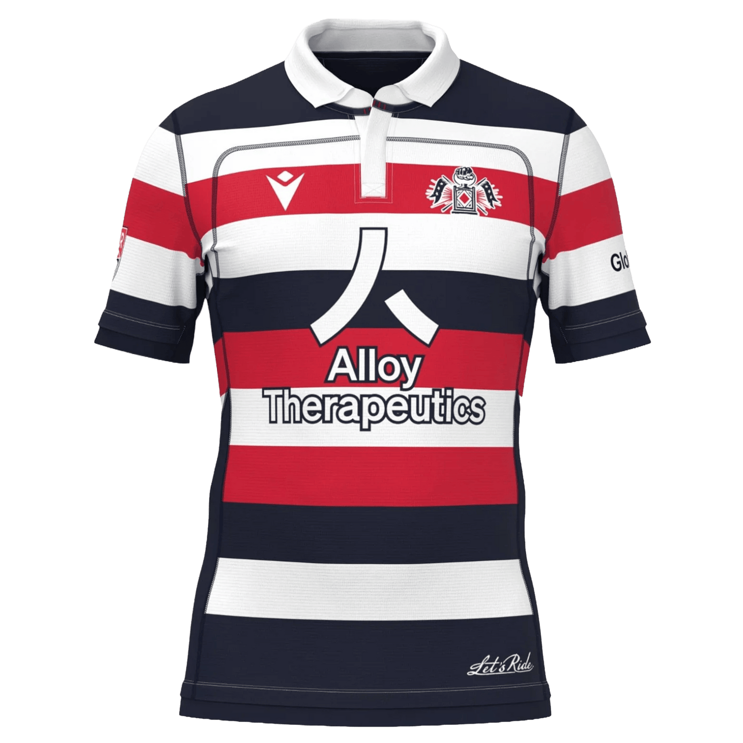 The New England Free Jacks MLR 25/26 Replica Home Jersey by Macron features red, white, and navy stripes, the Alloy Therapeutics logo, and a chest crest.