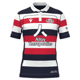 The New England Free Jacks MLR 25/26 Replica Home Jersey by Macron features red, white, and navy stripes, the Alloy Therapeutics logo, and a chest crest.