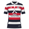The New England Free Jacks MLR 25/26 Replica Home Jersey by Macron features red, white, and navy stripes, the Alloy Therapeutics logo, and a chest crest.