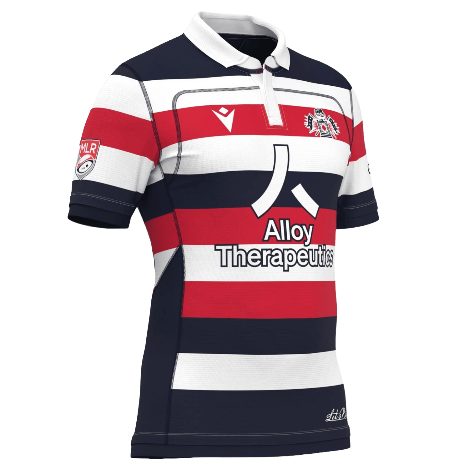 The New England Free Jacks MLR 25/26 Replica Home Jersey by Macron features thick navy, red, and white stripes, sponsor logos, and the club crest—a stylish short-sleeve authentic replica rugby jersey.