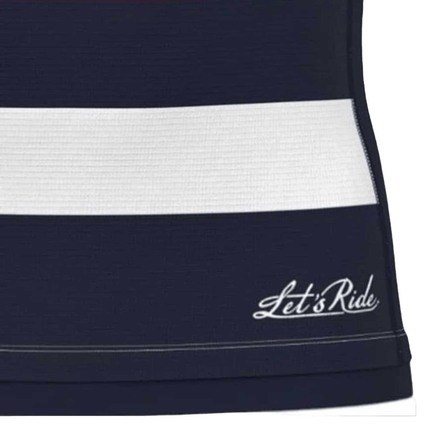 A close-up of the New England Free Jacks MLR 25/26 Replica Home Jersey by Macron, in navy blue with a white horizontal stripe and "Let's Ride." printed in white script near the hem.