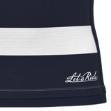 A close-up of the New England Free Jacks MLR 25/26 Replica Home Jersey by Macron, in navy blue with a white horizontal stripe and "Let's Ride." printed in white script near the hem.