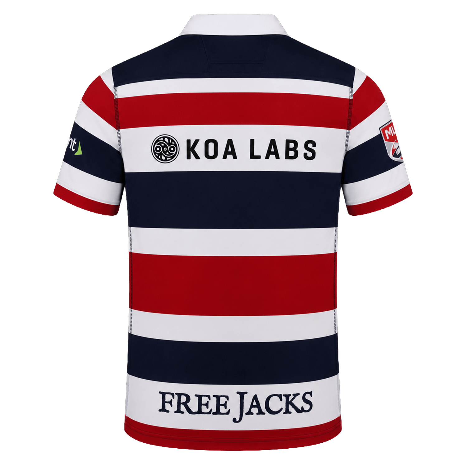 The New England Free Jacks MLR 25/26 Replica Home Jersey by Macron features red, white, and navy stripes, "KOA LABS" and "FREE JACKS" logos on the back, sponsor logos on the sleeves—an official replica jersey.