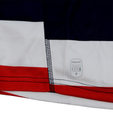 Close-up of the New England Free Jacks MLR 25/26 Replica Home Jersey by Macron, showing red, white, and dark blue striped fabric, visible stitching, and a small "macron eco" label.