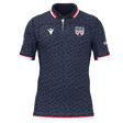 The Old Glory DC MLR 25/26 Replica Home Jersey by Macron features a navy blue design with a subtle pattern, red and white collar and cuffs, and the "Glory" team logo on the left chest.