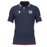 The Old Glory DC MLR 25/26 Replica Home Jersey by Macron features a navy blue design with a subtle pattern, red and white collar and cuffs, and the "Glory" team logo on the left chest.