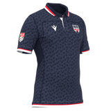 The Old Glory DC MLR 25/26 Replica Home Jersey by Macron features a navy blue design with subtle anchor pattern, white collar, red and white trim, club logo on the chest, and official MLR patch—authentic Macron quality.
