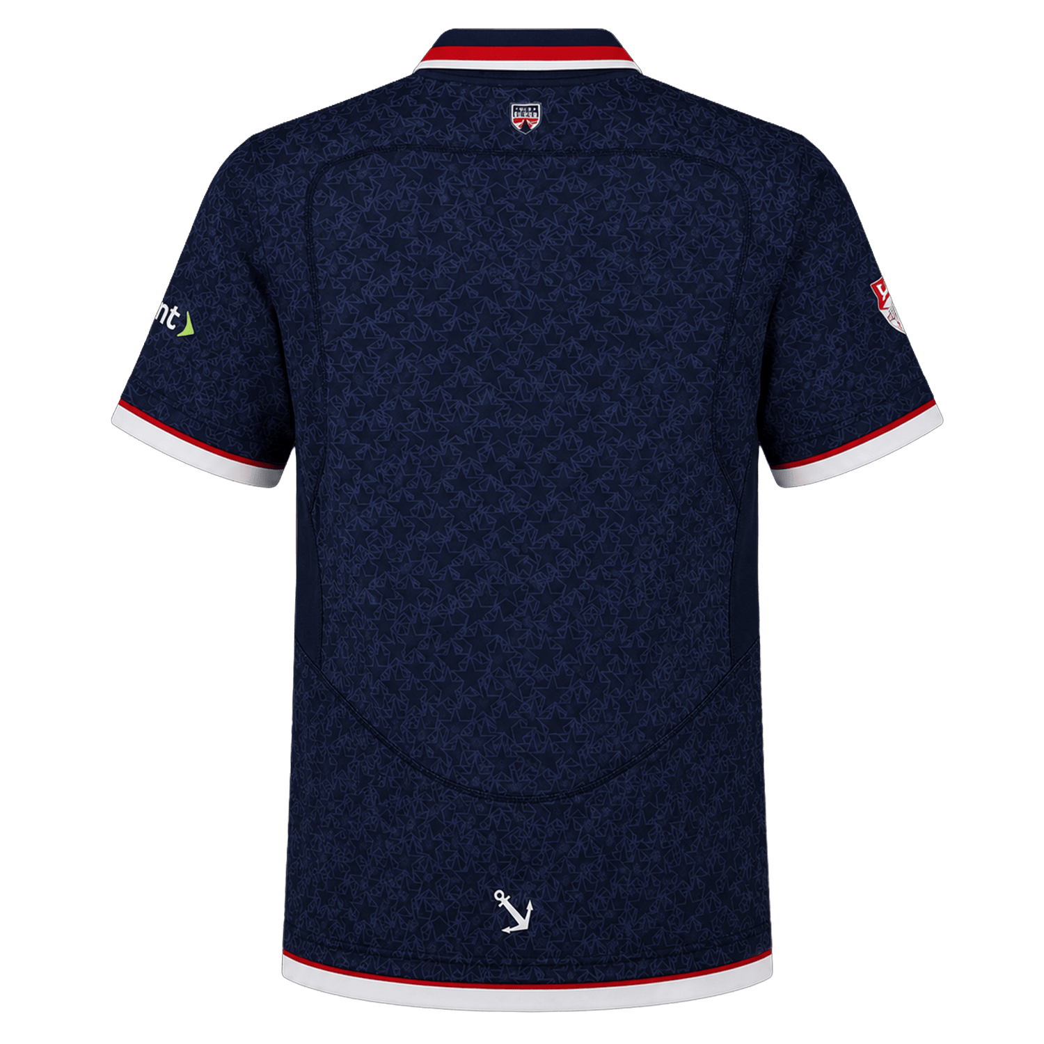 Back view of the Old Glory DC MLR 25/26 Replica Home Jersey by Macron—a navy blue rugby top with a subtle pattern, white collar and cuffs, red trim, and sponsor logos on the sleeves.