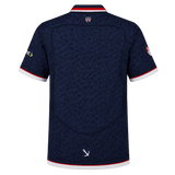 Back view of the Old Glory DC MLR 25/26 Replica Home Jersey by Macron—a navy blue rugby top with a subtle pattern, white collar and cuffs, red trim, and sponsor logos on the sleeves.