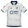The Seattle Seawolves MLR 25/26 Replica Away Jersey by Macron features mountain patterns, sponsor logos, and navy-green trim—an authentic white replica for dedicated fans.