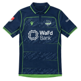 The Seattle Seawolves MLR 25/26 Replica Home Jersey by Macron features navy blue and green colors, the team logo, WaFd Bank sponsor on the front, and additional sponsor logos on the sleeves.
