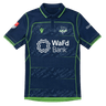The Seattle Seawolves MLR 25/26 Replica Home Jersey by Macron features navy blue and green colors, the team logo, WaFd Bank sponsor on the front, and additional sponsor logos on the sleeves.